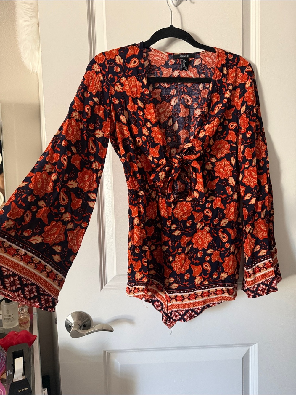 Forever 21 Navy and Orange Floral Tie-Front romper
